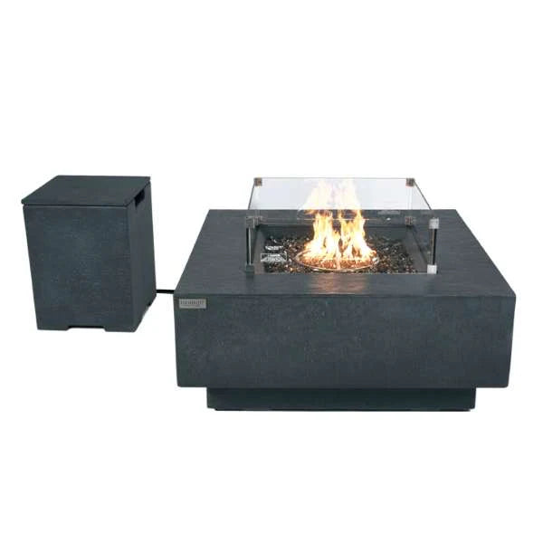 dark grey square fire pit table with windscreen and tank cover on a white background