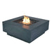 square fire pit table with fire pit lit on fire glass and metal steel burner on a white background