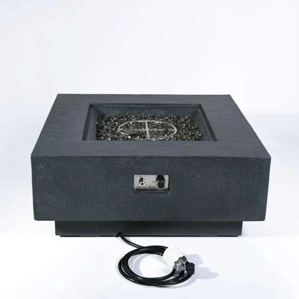 dark grey square fire pit table with 10ft hose and metal burner and fire glass in middle of fire pit