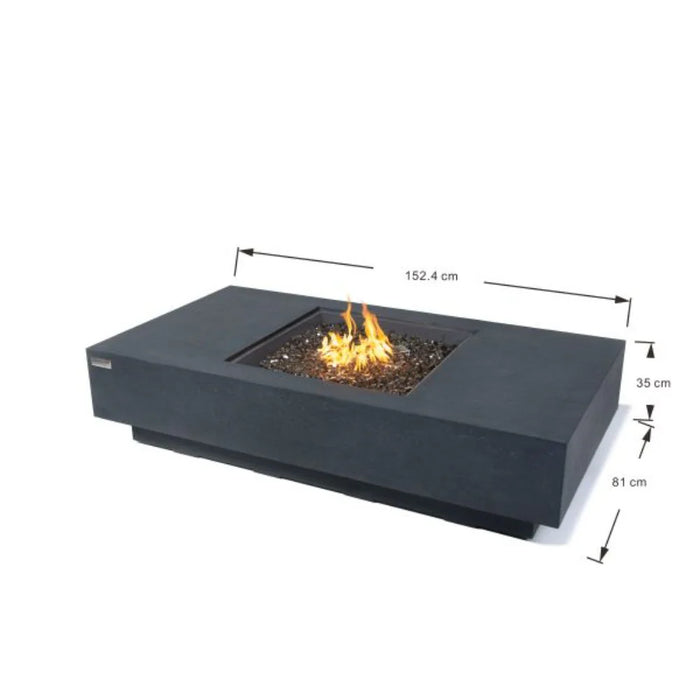 rectangle propane fire pit table with square fire pit that is lit on brown fire glass on a white background with full measurement breakdown