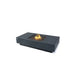 rectangle gas fire pit table that has a square fire pit that is lit with orange and yellow fire flames on a white background