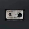 Close-up of the control panel on an Elementi fire pit table, showing a knob for flame adjustment labeled "OFF/ARRET", "LOW/BAS", and "HIGH/HAUT", and an igniter button labeled "IGNITER-PUSH/ALLUMEUR-POUSSER".