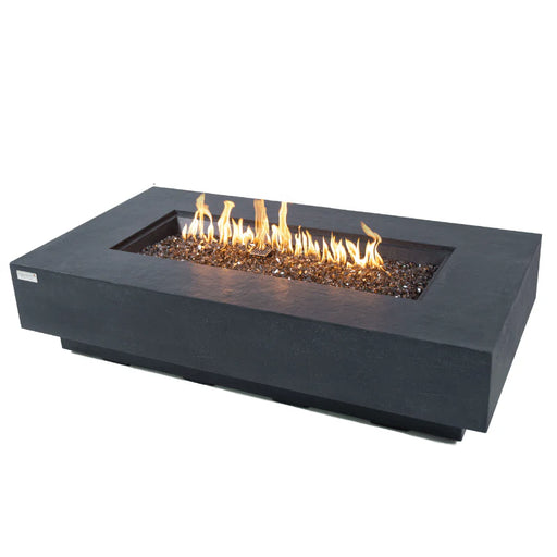 fire pit rectangular. fire pit is lit with yellow and orange flames