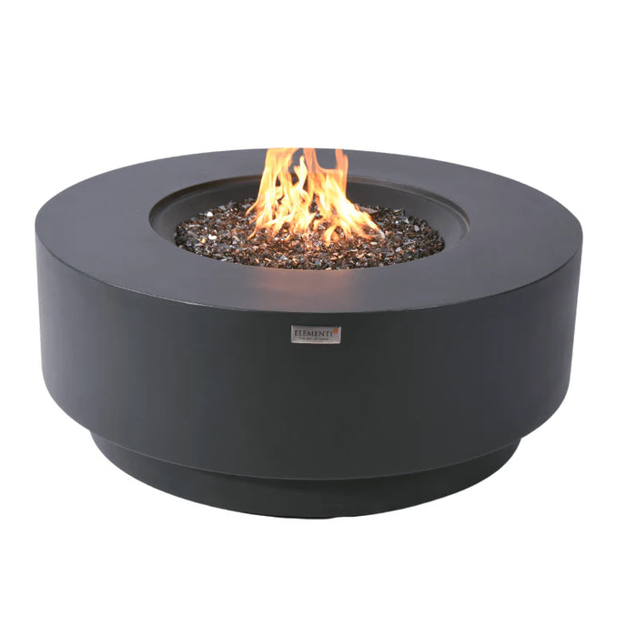 elementi plus nimes round fire pit table OFG414DGis lit on fire glass with yellow and orange flames