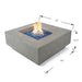 light grey square fire pit table with dimensions on a white background