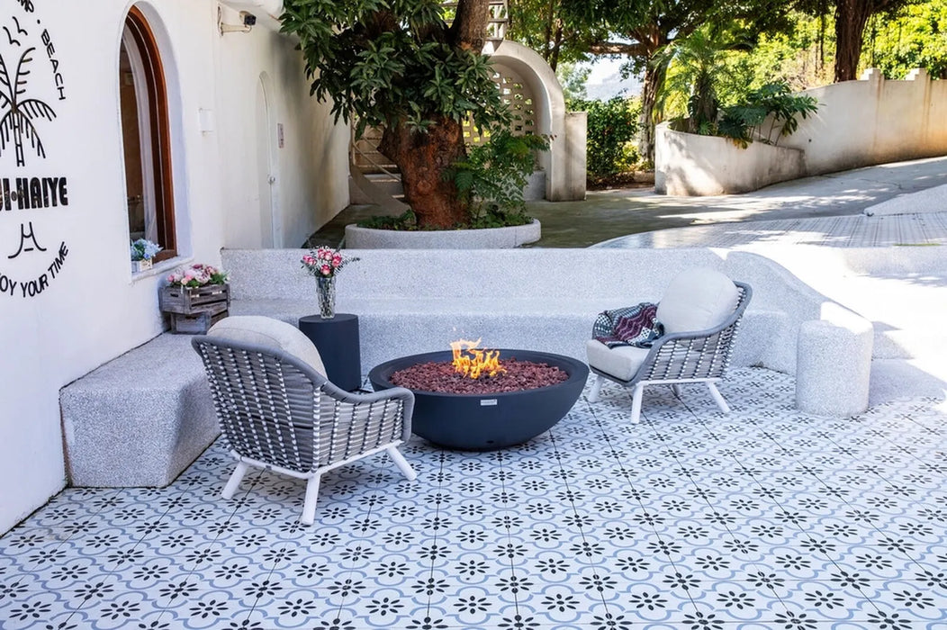 Outdoor patio with seating area, fire pit, and decorative tiles.