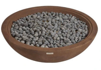 Round terracotta fire pit with gray stones inside on a white background