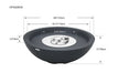 Black fire pit with dimensions labeled on a white background