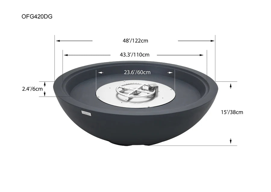 Black fire pit with dimensions labeled on a white background