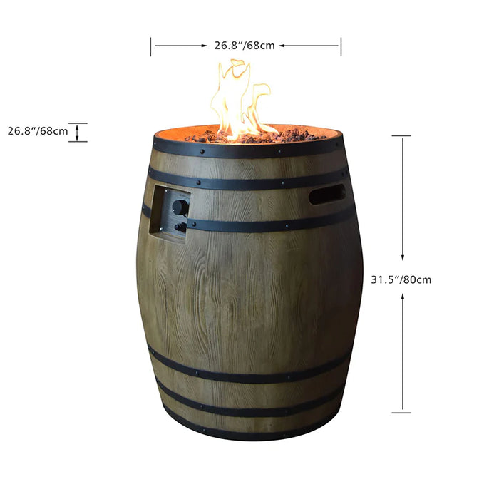 A side view of the Elementi Napa Fire Column. The fire column is a barrel-shaped structure with a flame burning inside. The dimensions of the fire column are labeled in inches and centimeters.