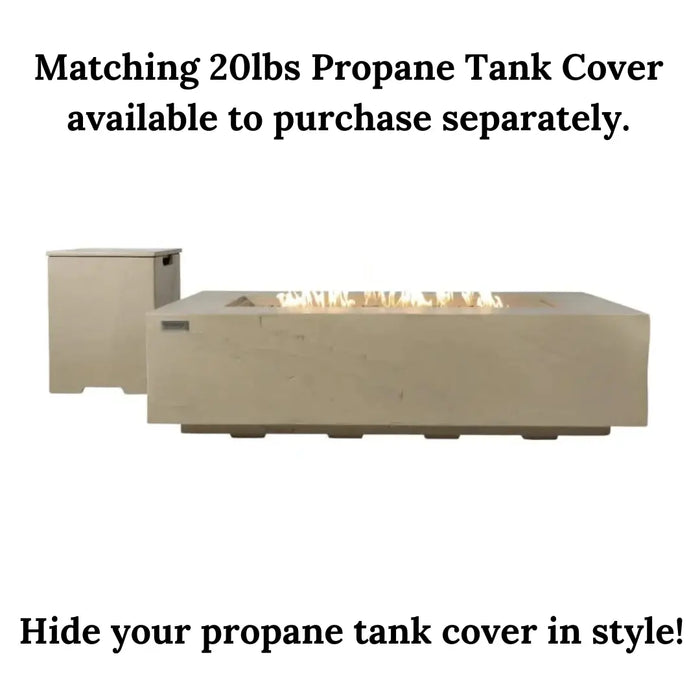 A beige concrete fire table with a linear burner and flames sits next to a matching square propane tank cover. Text above and below advertise the tank cover as a separate purchase.