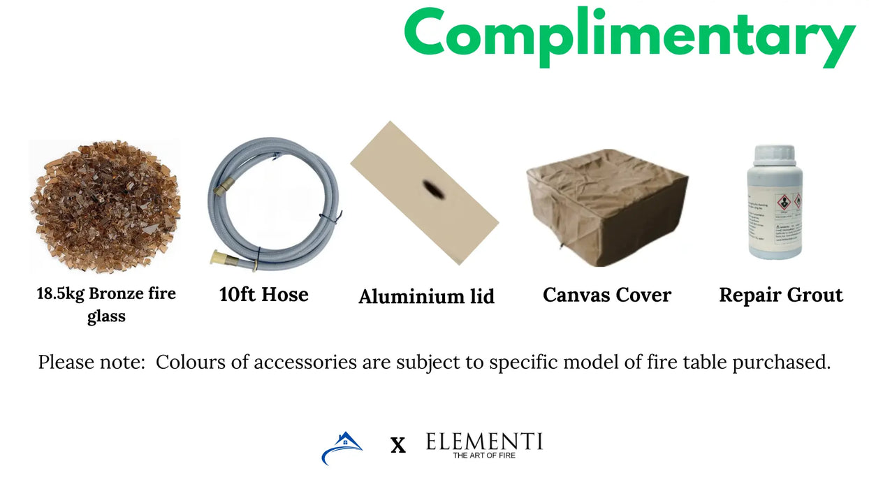 Fire table accessories: bronze fire glass, hose, lid, cover, grout.