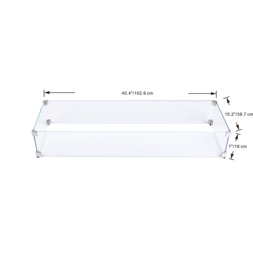 clear glass rectangle windscreen measurements for elementi fire pits and tables on a white background