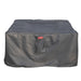 Dark gray fabric cover for a square fire pit table, with red Elementi logo tag.