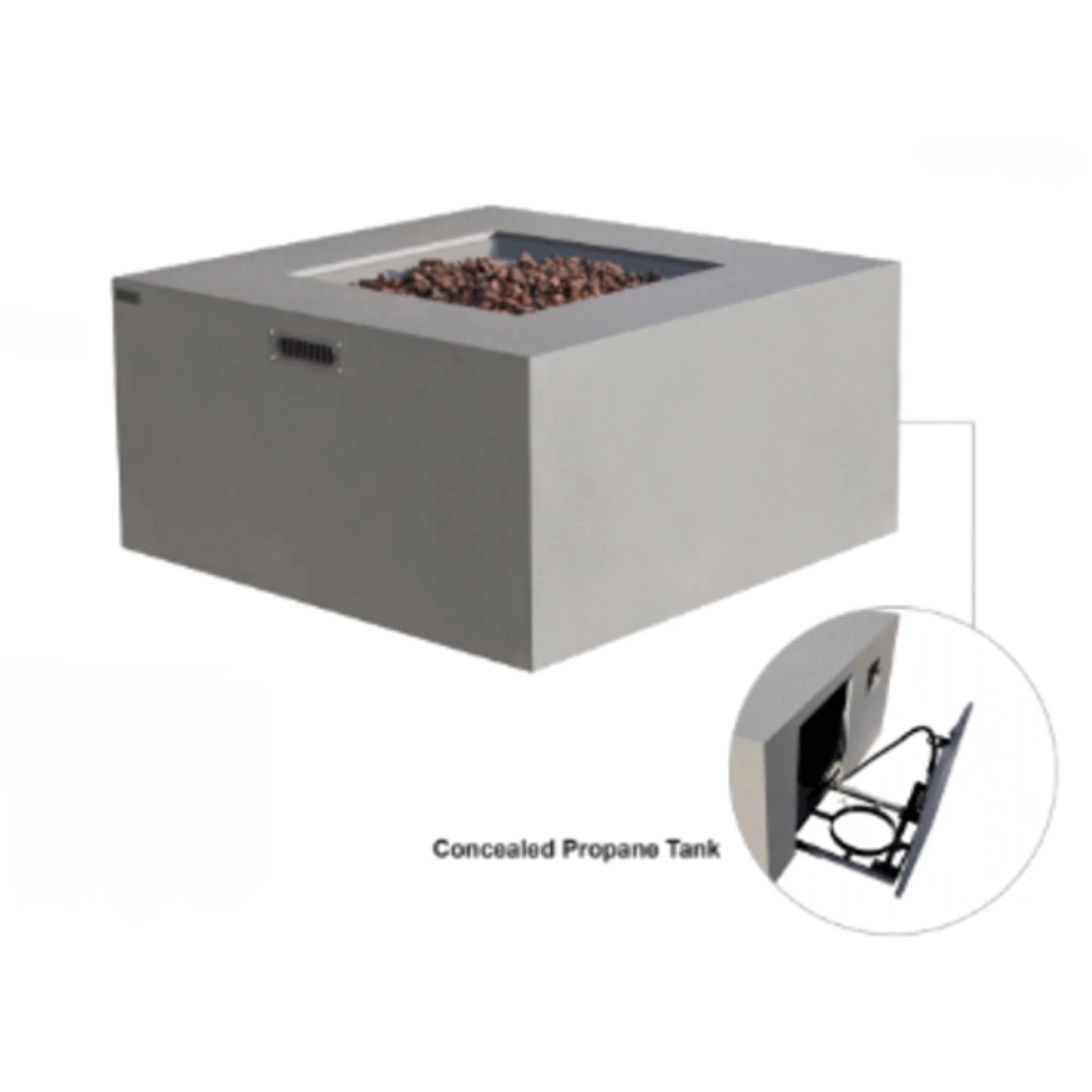  Rendering of a square fire pit table with a highlighted circle showing the concealed propane tank compartment and holder inside.