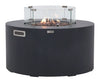 Dark gray fire pit with flames, glass guard, vent, and "ELEMENTI" label.