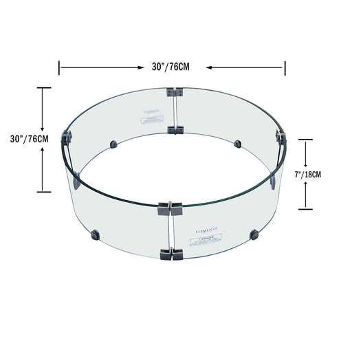 tempered glass elementi round windscreen with elementi logo and measurements ONC05-002 for elementi luna round fire pit table