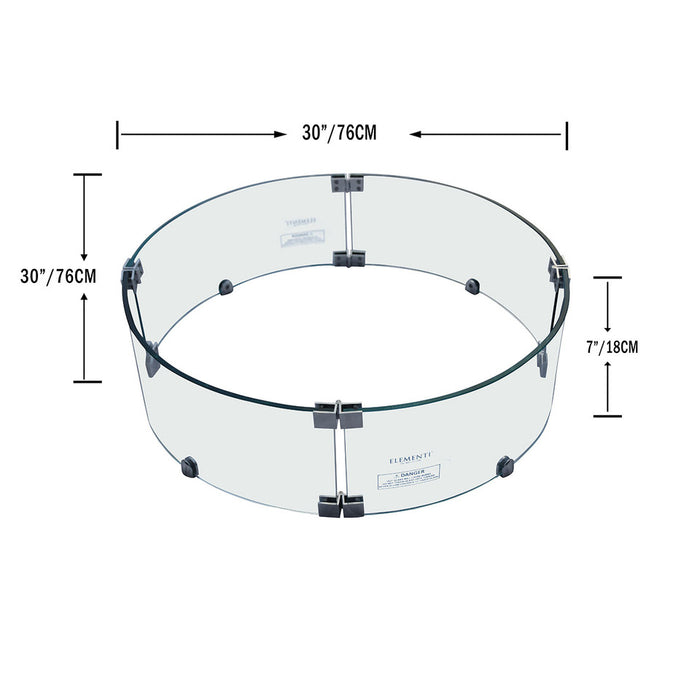 tempered glass elementi round windscreen with elementi logo and measurements ONC05-002 for elementi luna round fire pit table