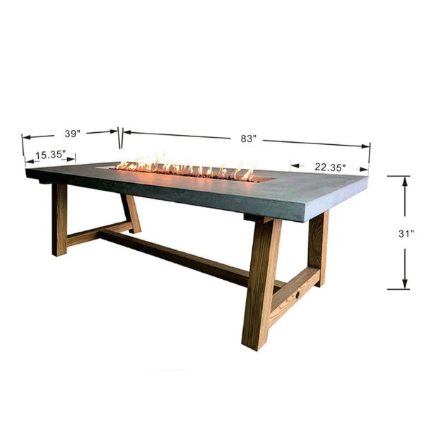 outdoor dining table with fire pit in the middle measurement breakdown