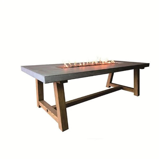 wooden rectangle outdoor dining table with fire pit in middle on a white background