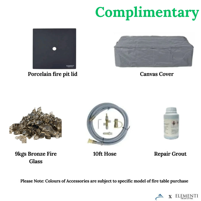 A collection of fire pit components, including a lid, cover, glass, hose, and grout, laid out on a white background. "Complimentary" is written in green text at the top.