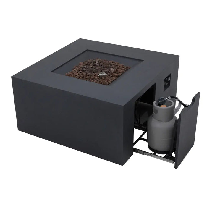 Dark gray square fire pit table with lava rocks, open door showing propane tank storage with a gray propane tank.