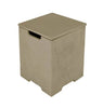 Beige square propane tank cover with a removable lid, viewed from a high angle on a white background.