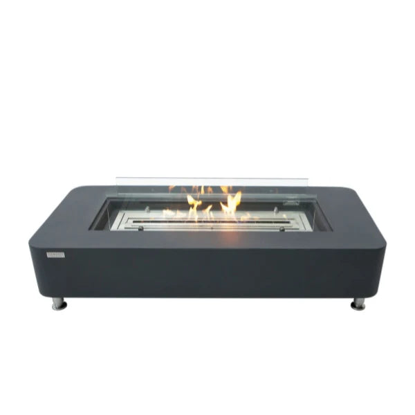 rectangular fire pit table with glass windscreen protecting fire pit flame on a white background