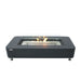 rectangular fire pit table with glass windscreen protecting fire pit flame on a white background