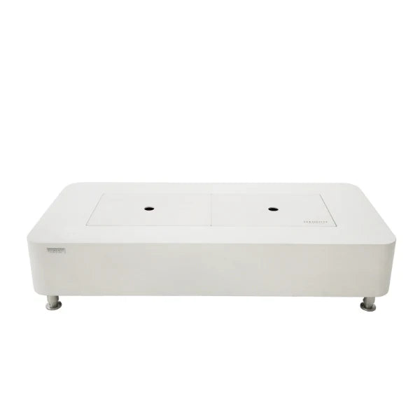 creamy white rectangular fire pit table with lid on a white background