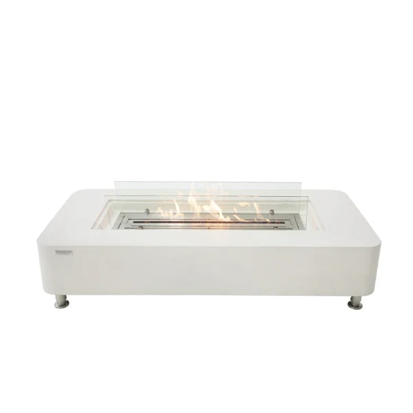 creamy white rectangular fire pit table with glass windscreen on a white background