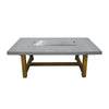 rectangle outdoor dining table with fire pit in the middle but has fire pit lid on. outdoor dining table is on a white background