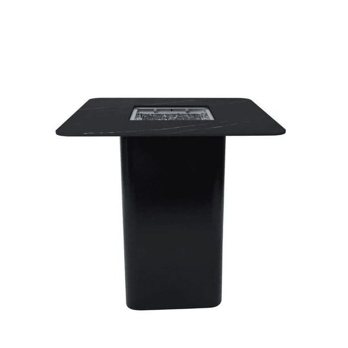 black high top fire pit table with fire pit in the middle on a white background