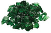 Close-up of a pile of dark green reflective fire glass, possibly Dagan brand, against a white background.