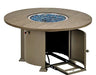  A round outdoor fire table with a granite top and a black metal base. The table has a circular burner and a control panel with a knob and a switch. A granite lid covers the burner, and a door on the side of the base reveals a storage compartment.