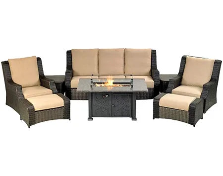 A 8-piece outdoor seating set with a rectangular fire pit table. The set includes a sofa, two armchairs, and two ottomans. The fire pit table has a square shape and a glass top. The cushions are beige and the frame is brown.