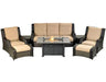 A 8-piece outdoor seating set with a rectangular fire pit table. The set includes a sofa, two armchairs, and two ottomans. The fire pit table has a square shape and a glass top. The cushions are beige and the frame is brown.