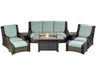 A 8-piece outdoor seating set with a rectangular fire pit table. The set includes a sofa, two armchairs, and two ottomans. The fire pit table has a square shape and a glass top. The cushions are light blue and the frame is brown.