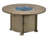 A round outdoor fire table with a granite top and a black metal base. The table has a circular burner and a control panel with a knob and a switch. A granite lid covers the burner, and a door on the side of the base reveals a storage compartment.