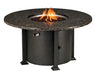 A round outdoor fire table with a granite top and a black metal base. The table has a circular burner and a control panel with a knob and a switch. A granite lid covers the burner, and a door on the side of the base reveals a storage compartment.