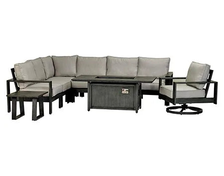 A 9-piece outdoor sectional seating set with a rectangular fire pit in the center. The set includes a large L-shaped sectional sofa, two armchairs, and two square accent tables. The fire table has a gray finish and a glass top. The cushions are beige and the frame is dark gray.