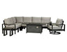 A 9-piece outdoor sectional seating set with a rectangular fire pit in the center. The set includes a large L-shaped sectional sofa, two armchairs, and two square accent tables. The fire table has a gray finish and a glass top. The cushions are beige and the frame is dark gray.