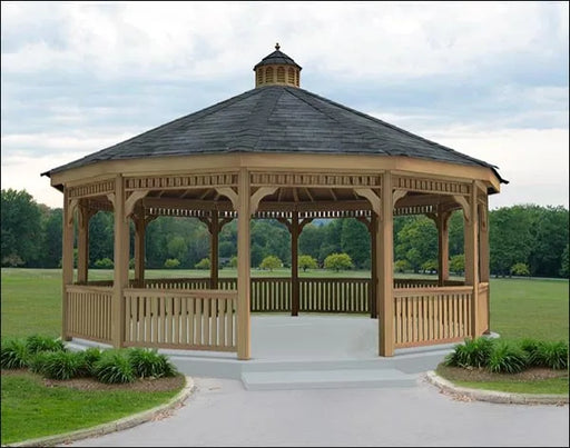 A large 20inch octagonal gazebo with a cupola, surrounded by a wooden railing and a lush green lawn.