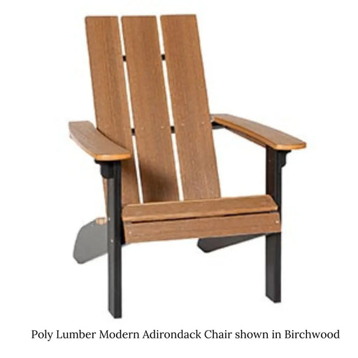 : A modern Adirondack chair made of poly lumber, shown in a birchwood color. The chair has a sleek, contemporary design with wide, flat slats and a black metal frame.