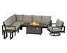  A 9-piece outdoor sectional seating set with a rectangular fire table in the center. The set includes a large L-shaped sectional sofa, two armchairs, a swivel chair, and two square accent tables. The fire table has a gray finish and a glass top with flames visible. The cushions are beige and the frame is dark gray.