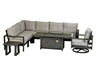 A 9-piece outdoor sectional seating set with a rectangular fire table in the center. The set includes a large L-shaped sectional sofa, two armchairs, a swivel chair, and two square accent tables. The fire table has a gray finish and a glass top with flames visible. The cushions are beige and the frame is dark gray.