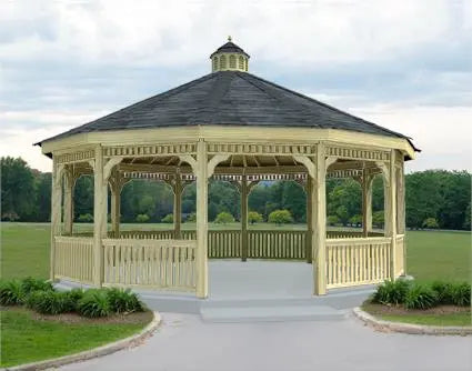 A modern dodecagon gazebo with a cupola, featuring clean lines and a minimalist design.