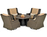 A patio furniture set consisting of a round fire pit table and four swivel chairs. The table has a granite top and a black metal base. The fire pit features blue flames and glass fire beads. The chairs have wicker frames and beige cushions.