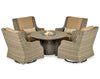A patio furniture set consisting of a round fire pit table and four swivel chairs. The table has a wooden top and a bronze-colored base. The fire pit features blue flames and glass fire beads. The chairs have wicker frames and beige cushions.