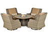 A patio furniture set consisting of a round fire pit table and four swivel chairs. The table has a wooden top and a bronze-colored base. The fire pit features blue flames and glass fire beads. The chairs have wicker frames and beige cushions.